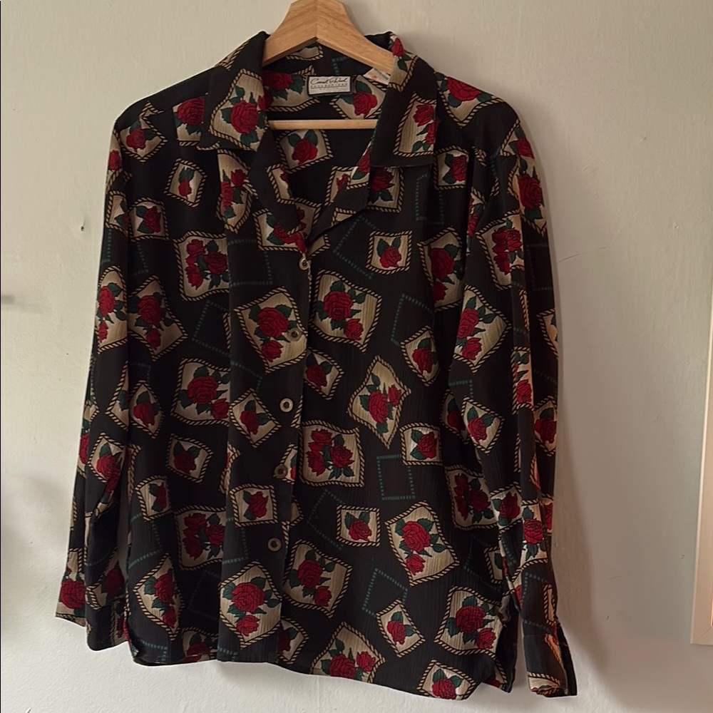 Vintage Button Down Shirt with Red Floral Pattern